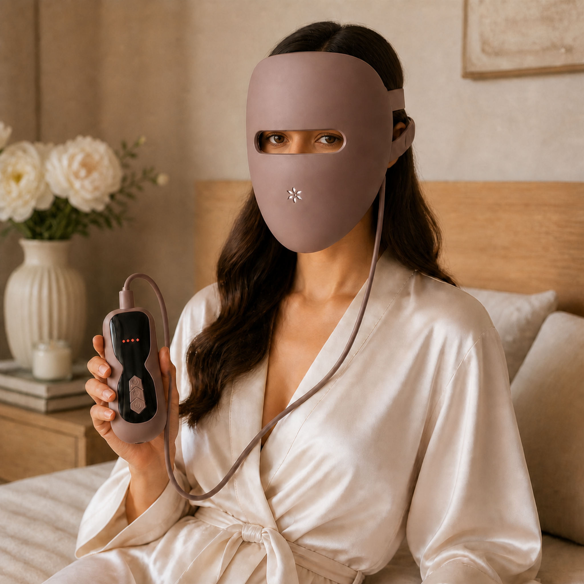 MelaGlow Pro LED Mask worn as part of an at-home skincare routine