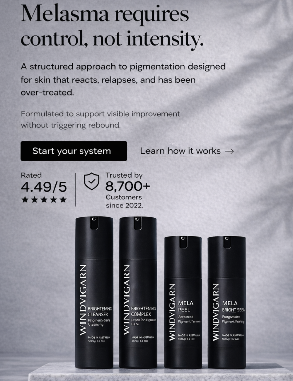 Windyigarn skincare products with text about melasma treatment on a gray background