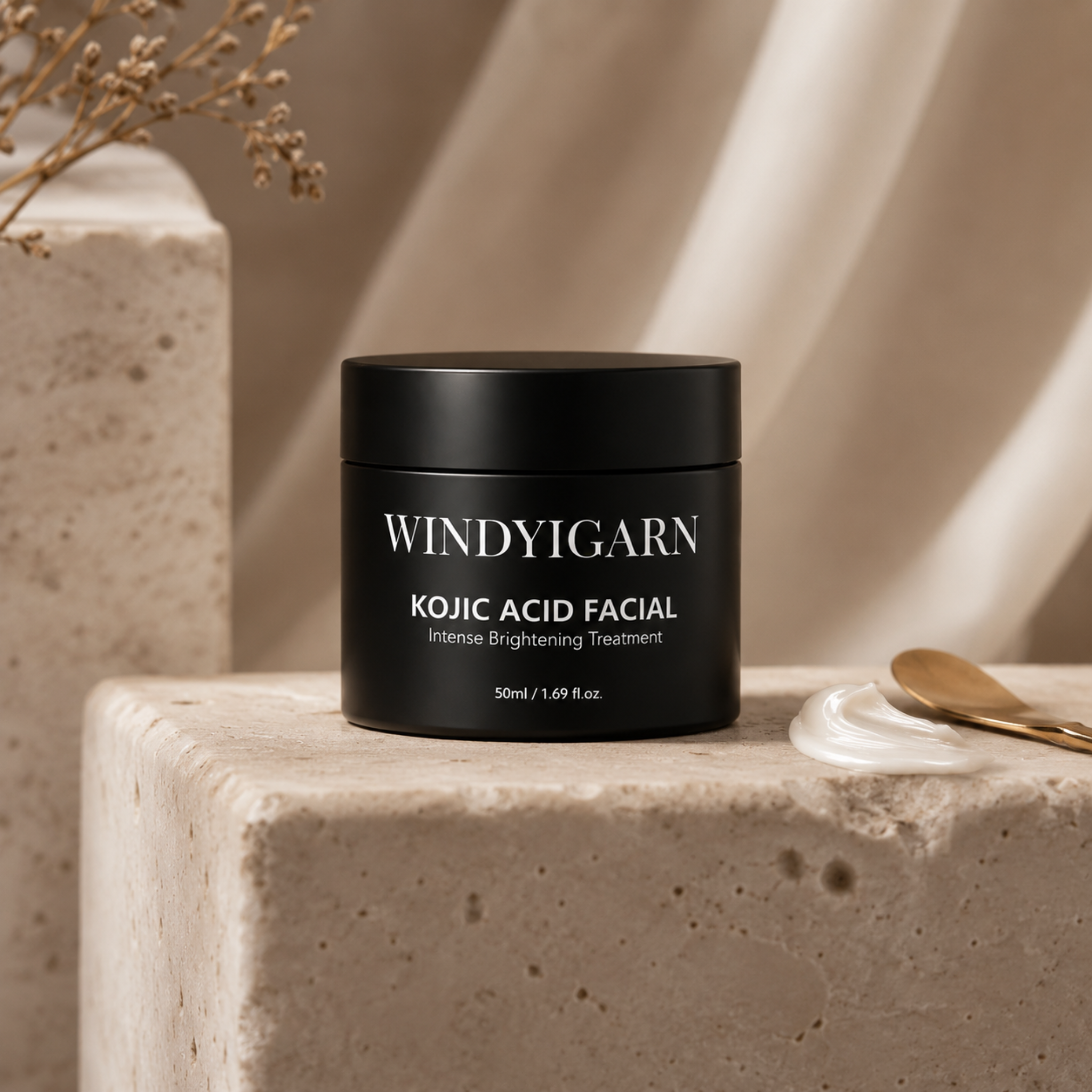 Kojic Acid Facial styled on a stone pedestal