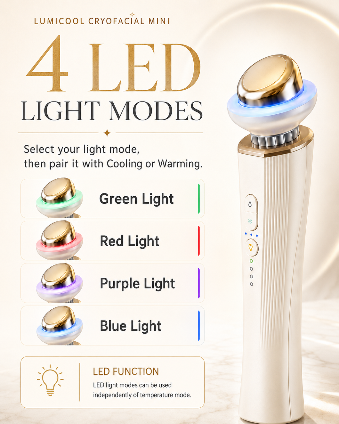LUMICOOL Cryofacial Mini four LED light modes