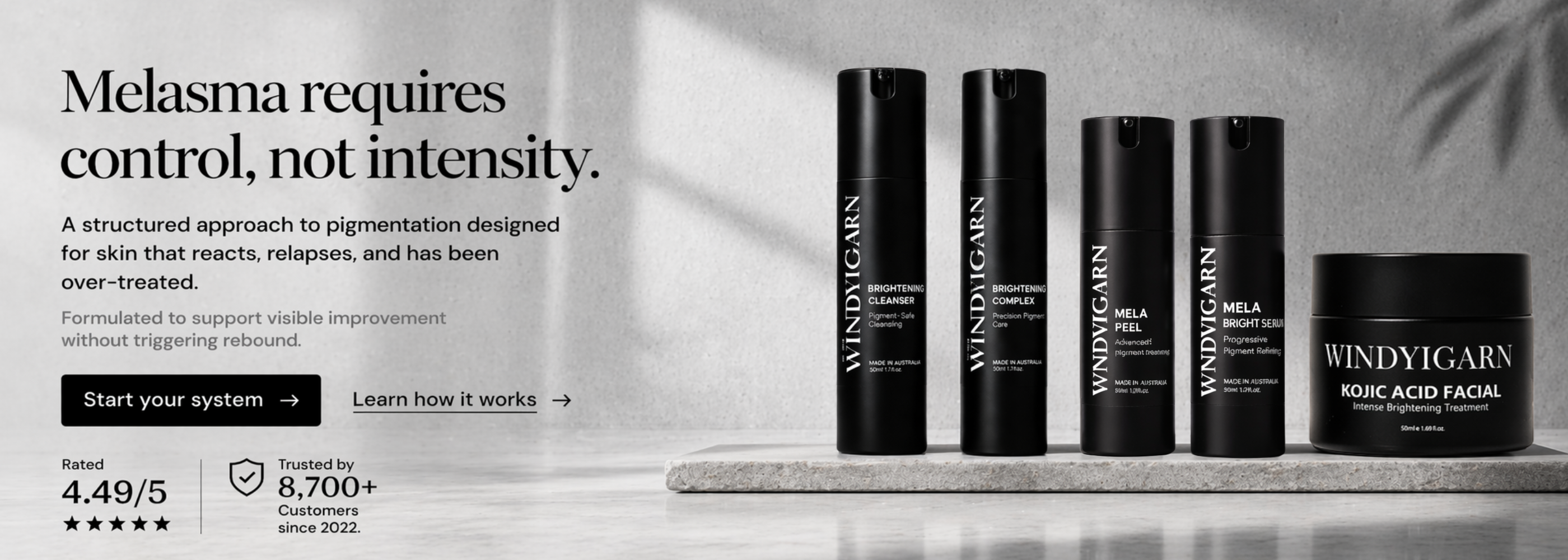 Windyigarn skincare products on a white surface with text about melasma treatment.
